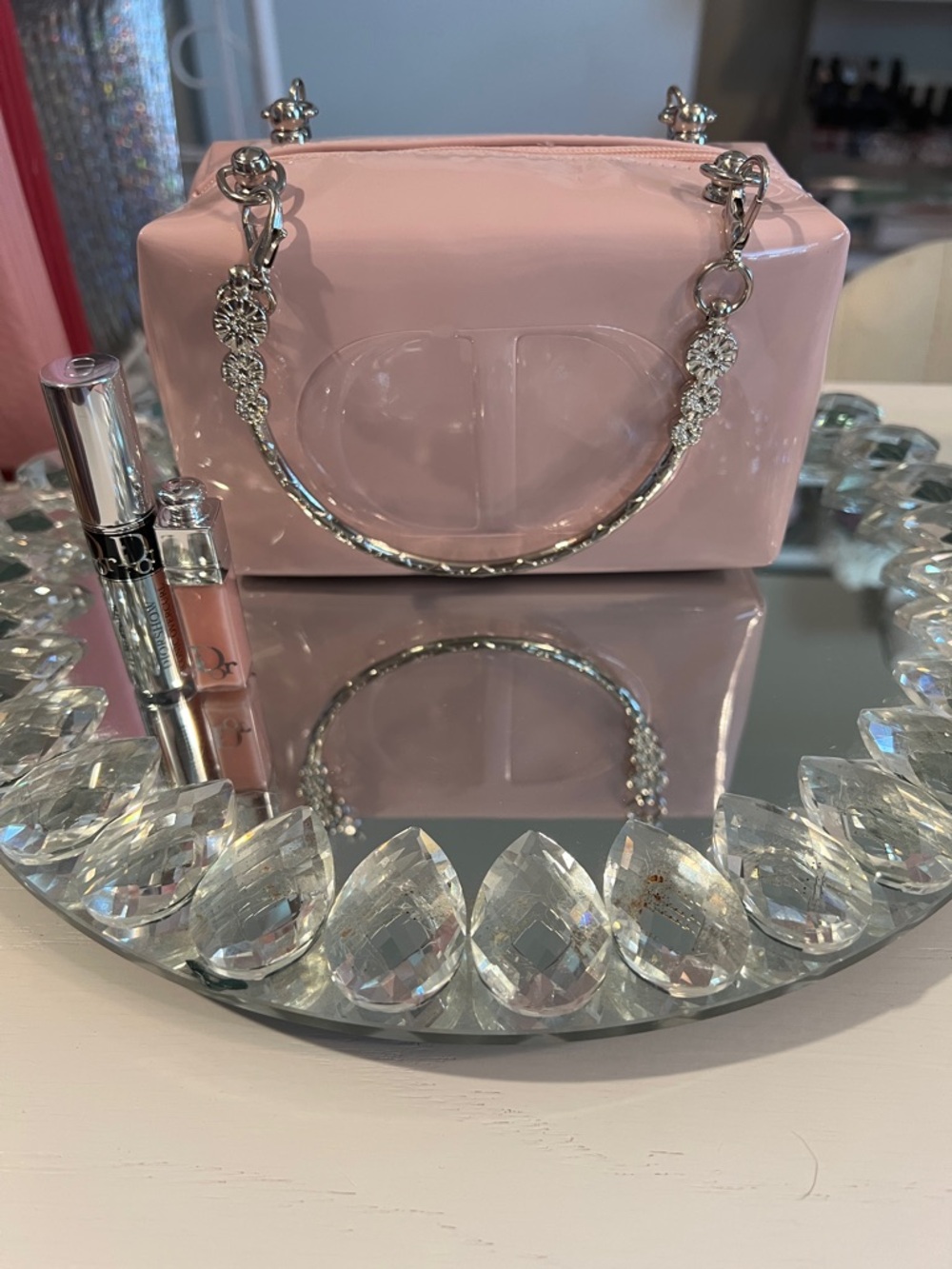 Dior Pink Patent Cosmetic Bag with Silver-Tone Handles- Mini Lip & Mascara - Picture 2 of 8